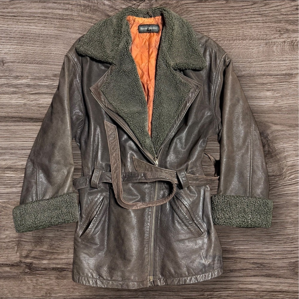 Vintage Banana Republic Jacket Women's XL Leather Shearling Jacket Belted‎